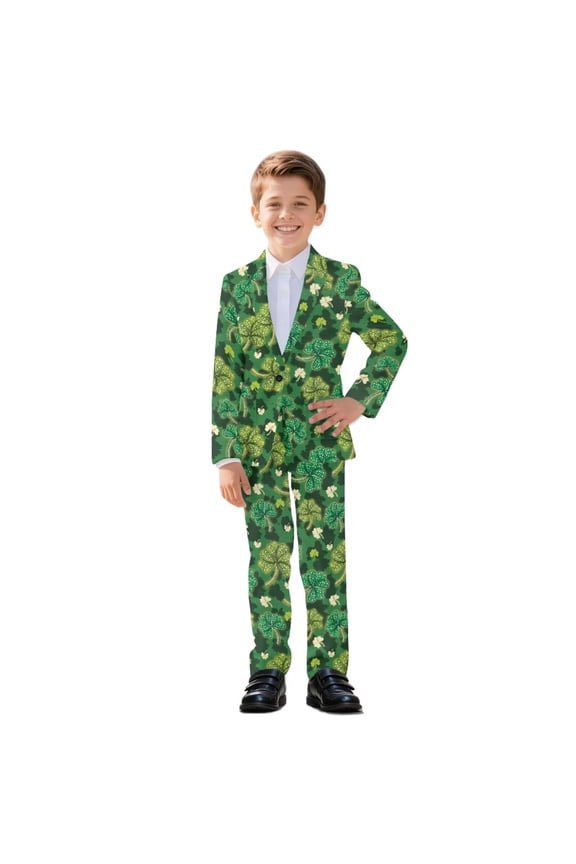 Shamrock Cow Print Boys Suit Slim Fit 2 Piece Formal Suits for Kids St. Patrick's Day Wedding Dress Tuxedos Blazer Pants Suits Set, Size 13-14 Years