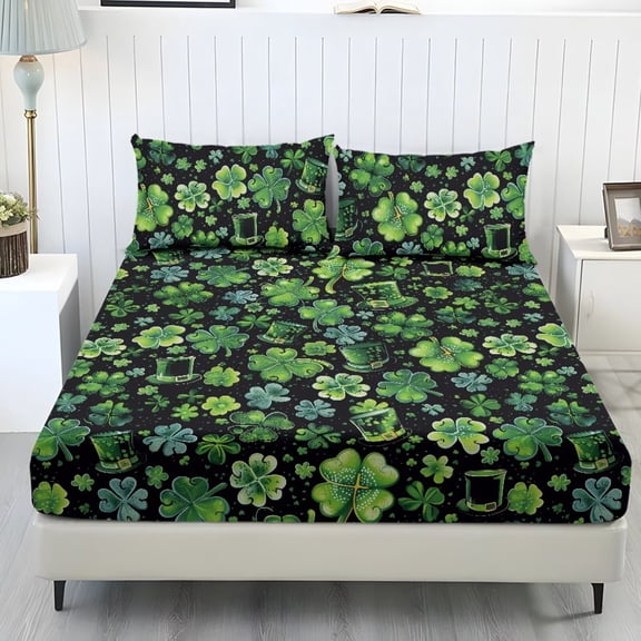 Xoenoiee Shamrock Hat Pattern Fitted Sheet Set, Bed Sheet Set Sheets for Boys Girls 3 Pieces Bedsheet St. Patrick's Day Decor, 1 Fitted Sheet and 2 Pillowcases, No Flat Sheet, Queen Size