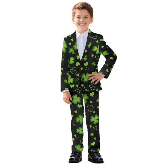 Xoenoiee Shamrock Heart Print Boys Suits 2 Piece Formal Kids Tuxedo Suits for Boys St. Patrick's Day Slim Fit Casual Ring Bearer Outfit with Blazer Jacket Pants, Size 7-8 Years