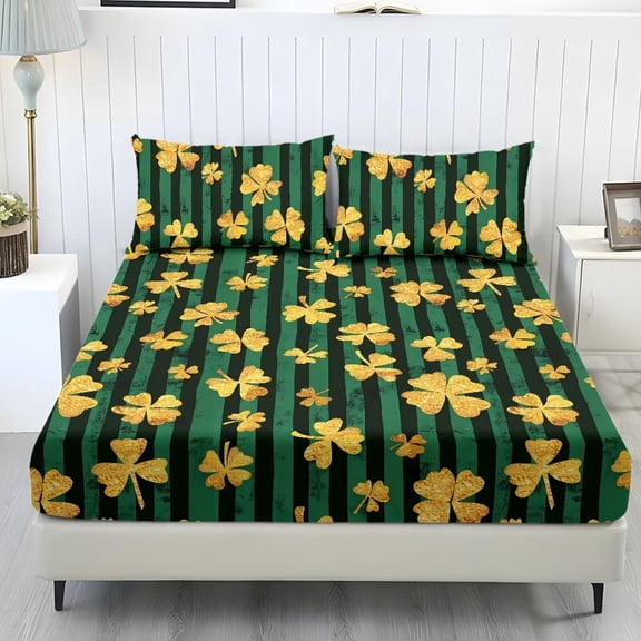 Xoenoiee Shamrock Striped Print 3 Pieces Fitted Sheet Set, Soft Bedding Set Includes 1 Fitted Sheet & 2 Pillowcases, Luxury Bed Sheets St. Patrick's Day for Women Men, King Size