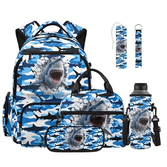 Xoenoiee Shark Camo Print Backpack for Boys Lightweight Bookbag with Lunch Tote Purse Pencil Case Water Bottle Sleeve Bookmark Keychain for Elementary Middle High School Students, Set of 6