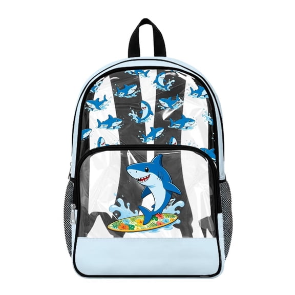 Xoenoiee Shark Surfboard Wave Print Clear Backpack for Boys Teens, Large Capacity School Bag Bookbag for Elementary Middle High Students, PVC See Through 17 Inch Lightweight Bookpack Knapsack