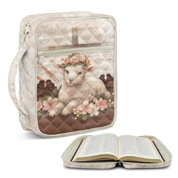 Xoenoiee Sheep Cross Rose Flower Pattern Bible Cover for Women Men, Quilted Bible Holder Bible Cover Carrier Carrying Organizer Bag with Zipper and Pockets for Standard Size Bible