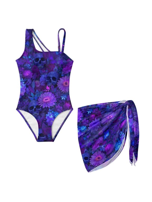 Skull Flower Pattern Girls Swimsuit with Cover Up Skirt, One Piece Bathing Suit Adjustable Straps Padded Swimwear with Removable Bra, Size 17-18 Years