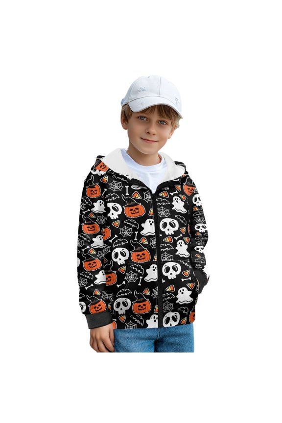 Skull Pumpkin Bat Spider Web Print Hoodies for Teen Boys Halloween Trendy Zip Up Hooded Sweatshirt with Pocket Youth Kids Casual Trendy Hoodies Fall Spring Tops Sports Shirt, L