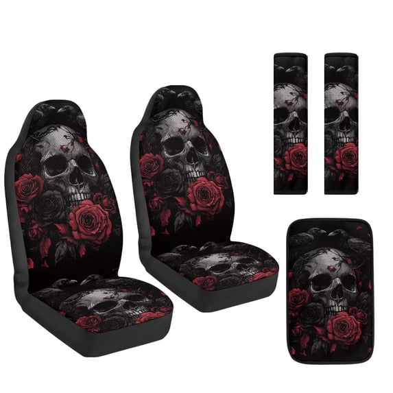 Xoenoiee Skull Raven Crow Rose Flower Pattern Car Seat Covers Full Set of 5 Front Seats Protectors Covers with Seat Belt Cover Center Console Cover, PU Leather Car Decor Interior Accessories