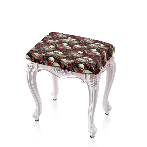 Xoenoiee Skull Rose Book Print Bar Stool Covers Rectangle Soft Washable Vanity Stool Cover Removable Saddle Bar Stool Slipcover with Elastic Band Home Decor Halloween Decor, 2 Pack