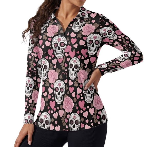 Xoenoiee Skull Rose Heart Print Womens Golf Polo Shirts Halloween Long Sleeve Quick Dry Workout Tops Collared Casual Polo Shirts V Neck Slim Fitted Work Business Basic Going Out Blouse Tops, XS