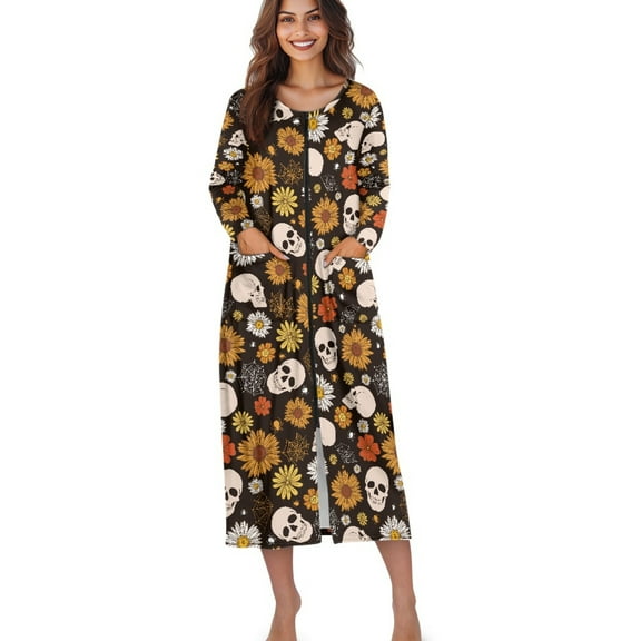 Xoenoiee Skull Sunflower Daisy Spider Web Print Women's Zip Up Robe Halloween Fleece Bathrobe Long Zipper Lounger Warm Housecoat Full Length Nightgown with Pockets, S