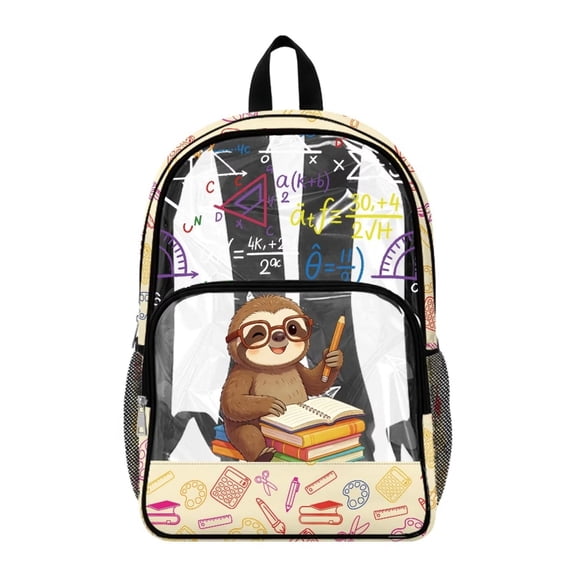 Xoenoiee Sloth Book Pencil Formula Print Kids Clear Backpack PVC See Through Transparent Bookbag for Girls, Large Capacity School Bag with Padded Straps for Preschool Kindergarten Elementary School