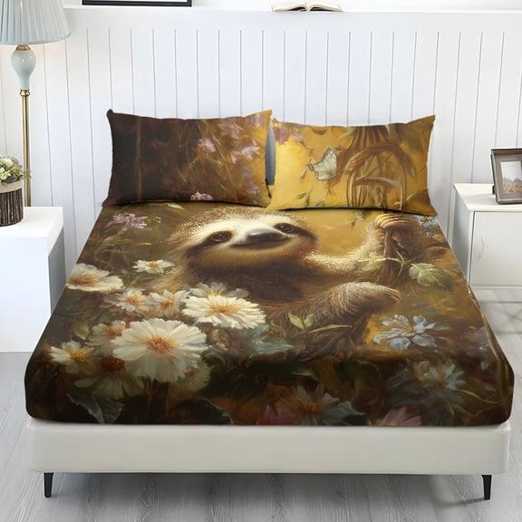 Xoenoiee Sloth Butterfly Flower Pattern Sheet Set Bed Sheets Soft Microfiber Deep Pocket Wrinkle Free Bedding Sheets with Pillowcases, Machine Washable, Twin Size