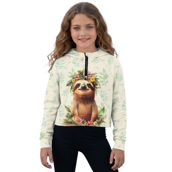 Xoenoiee Sloth Flower Leaves Print Girls Zip Up Hoodie Long Sleeve Cute Cropped Sweatshirt Kids Crop Top Pullover Fall Outfits with Front Pocket, 13-14 Years