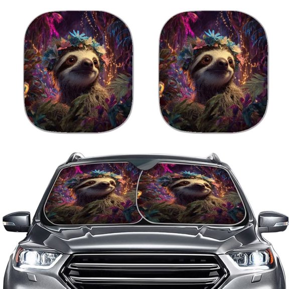 Xoenoiee Sloth Flower Leaves Print Windshield Sun Shade Car Shade Front Windshield Cover Blocks UV Sun, 2 Pieces Automotive Interior Decor Accessories for Sun Protection