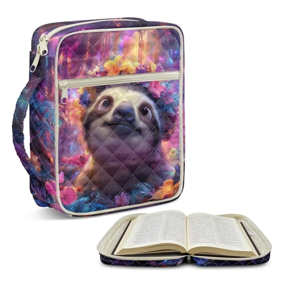 Xoenoiee Sloth Flower Print Bible Bag for Women Men, Large Quilted Bible Cover Case Church Bag with Durable Handle and Extra Pockets, Christian Gift for Ladies