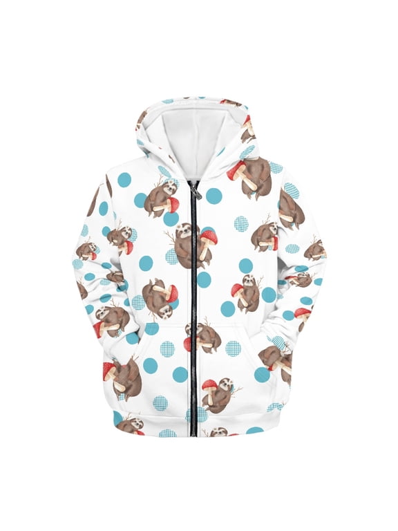 Sloth and Mushroom Print Trendy Clothes for Teen Girls Boys Zip Up Hoodie Sweatshirt with Pocket Kids Fall Jacket Long Sleeve Casual Coat Outfits, XL