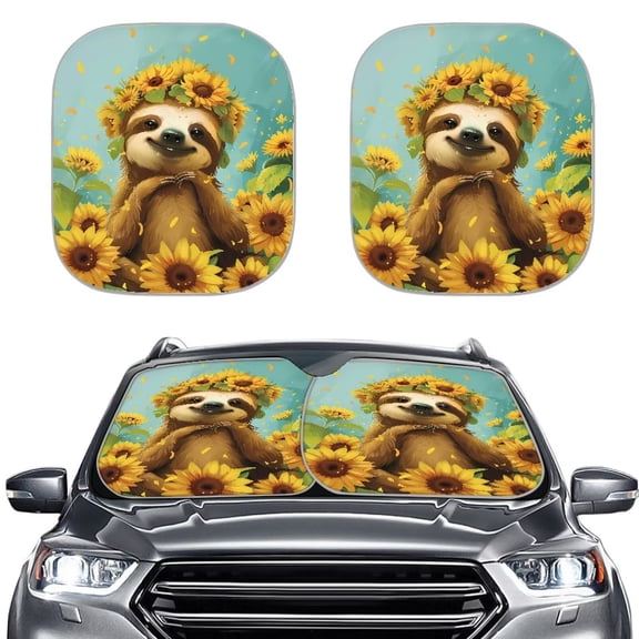 Xoenoiee Sloth Sunflower Print 2 Piece Car Windshield Sun Shade Set Sunshade Protection Front Window Shade Cover Automotive Accessories for Sedan SUV Truck