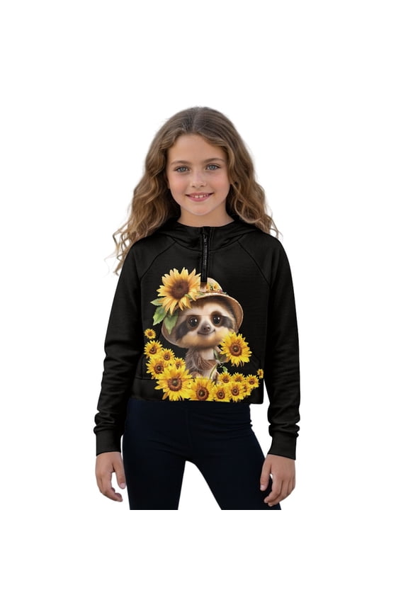 Sloth Sunflower Print Girls Half Zip Hoodie Kids Fashion Oversized Sweatshirt Jacket Lightweight Crop Top with Front Pocket, 11-12 Years