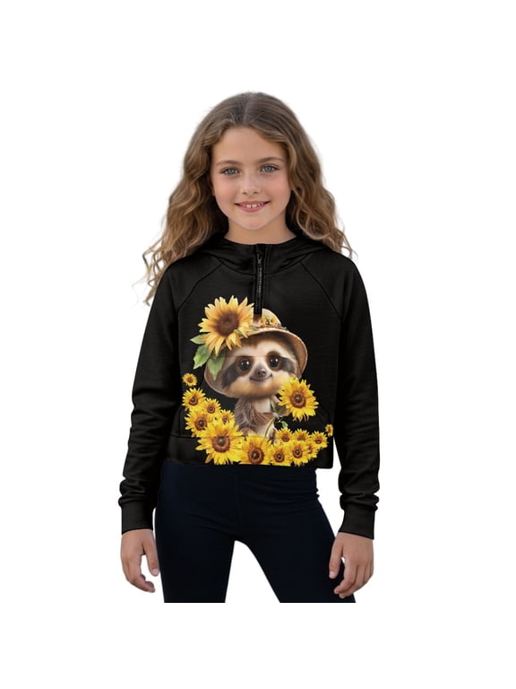 Sloth Sunflower Print Girls Half Zip Hoodie Kids Fashion Oversized Sweatshirt Jacket Lightweight Crop Top with Front Pocket, 7-8 Years