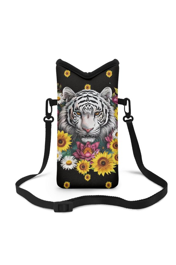 Small Crossbody Phone Bag Portable Neoprene Cellphone Sleeve Pouch Shockproof Phone Purse with Hook Loop Fastener, 4 X 8 Inch, White Tiger Sunflower Daisy Lotus Black