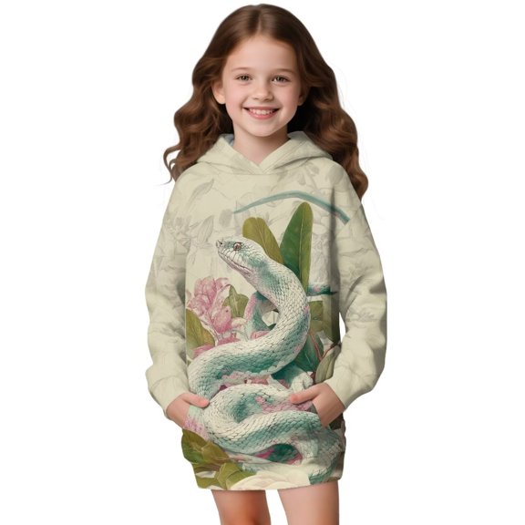 Xoenoiee Snake Flower Print Long Hoodies Pullover Sweatshirt Dress for Girls Juniors Kids Loose Sweater with Pocket Long Sleeve Hooded Jacket Sports Shirt Plus Size, 11-12 Years