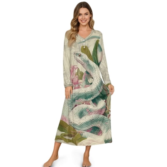 Xoenoiee Snake Flower Print Nightgowns for Women, Soft Nightgowns Comfy Long-Sleeve Ladies Sleepwear Henley Mumu Dress Sleepshirt for Mom, Size M