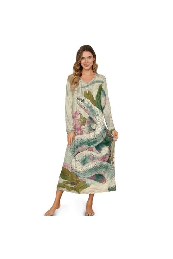 Snake Flower Print Nightgowns for Women, Soft Nightgowns Comfy Long-Sleeve Ladies Sleepwear Henley Mumu Dress Sleepshirt for Mom, Size S