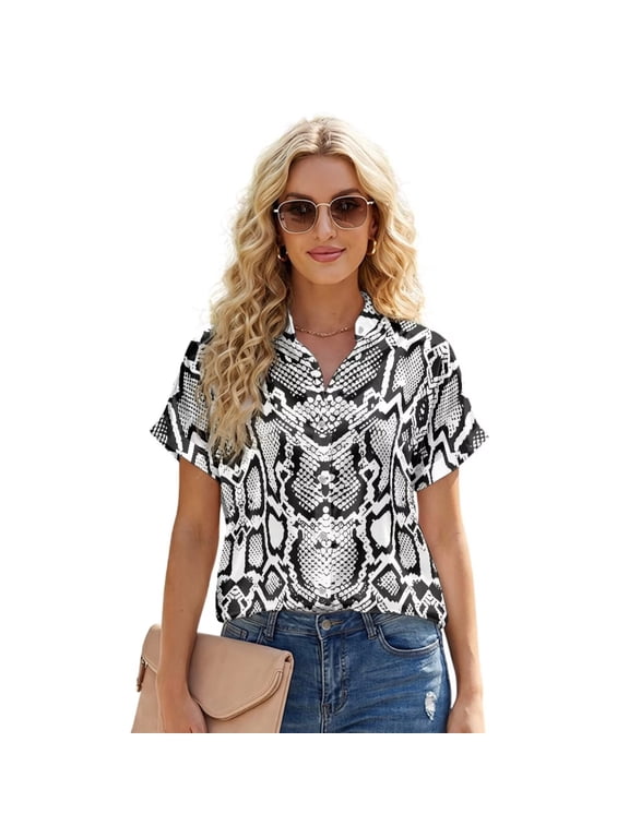 Snake Skin Print Satin Button Down Shirts for Women Silk Short Sleeve Blouses Summer Dress Shirt Business Casual Tops Work Up OutfitsSize, 2XL