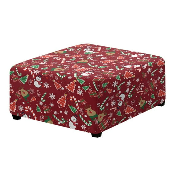 Xoenoiee Snowman Reindeer Tree Candy Snowflake Print Ottoman Cover Square, Stretch Slipcover Soft Fabric with Non-Slip Elastic Bottom, Christmas Decorative Furniture Protector for Living Room, S