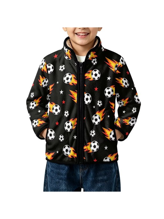 Soccer Ball Flame Star Print Boys Sherpa Fleece Lined Flannel Jacket Fully Lined Toddlers Coat Full Zip Up Outerwear Sweatshirt Back to School Outfit for Hiking Camping, 4 Years