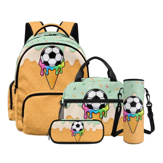 Xoenoiee Soccer Ice Cream Drip Print Boys Girls School Bag Set 4 Pcs Backpack with Lunch Box Pencil Case Water Bottle Sleeve, Middle School Student Bookbag Casual Daypack with Adjustable Strap