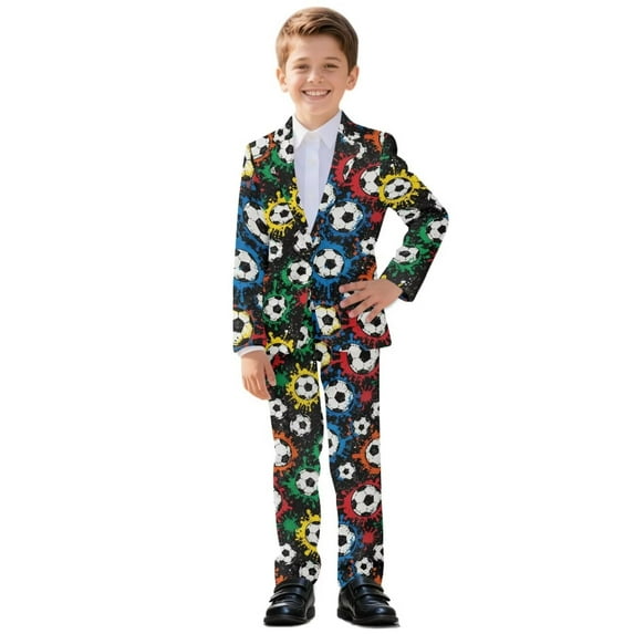 Xoenoiee Soccer Paint Splatter Print Boys Outfit Kids Tuxedo Suit Set Teens Graduation Outfits Dress Wear Blazer Set Prom Outfit, Size 11-12 Years
