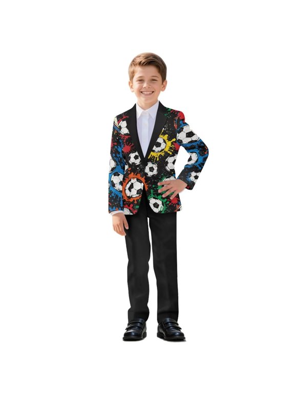 Soccer Paint Splatter Print Boys Suits Slim Fit Blazer and Pants Kids 3 Piece Formal Suits Toddler Tuxedo Wedding Graduation for Teen, Size 5-6 Years