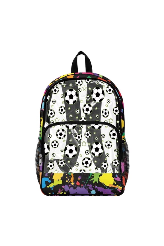 Soccer Star Paint Splatter Print 17" Kids Backpack Lightweight Clear Backpack PVC Schoolbag for Boys Girls, Large Capacity Bookbag Transparent Travel Daypack with Adjustable Straps