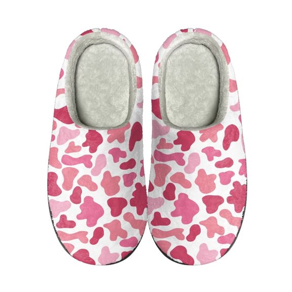 Xoenoiee Soft Cosy Slippers for Winter Warm Slippers with Non-Skid Sole for Women Men Indoor Outdoor Slip-On Bedroom Slippers House Shoes, Cow Pink Pattern, 10-11 W/9-10 M