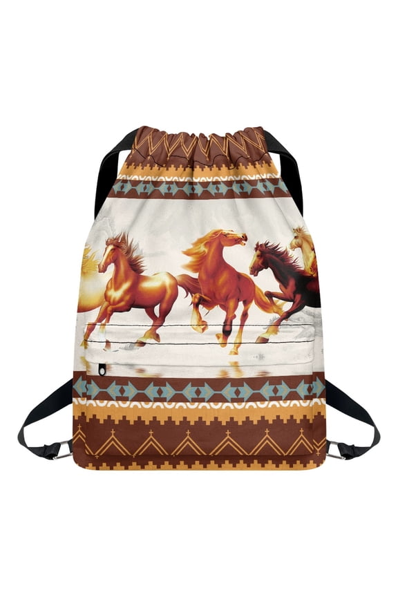 Southwest American Horse Print Drawstring Backpack with Zipper Pockets for Women Men, Portable Sports Gym Bag String Bags Sackpack Cinch Pouch for Outdoor Beach Yoga Travel