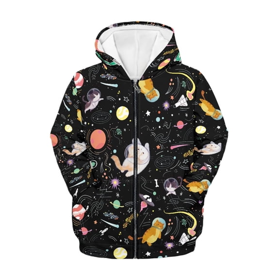 Xoenoiee Space Cat Rocket Planets Print Trendy Clothes for Teen Girls Boys Zip Up Hoodie Sweatshirt with Pocket Kids Fall Jacket Long Sleeve Casual Coat Outfits, M