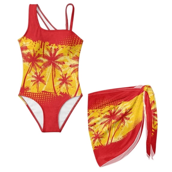 Xoenoiee Spain Flag Palm Tree Pattern Girls Swimsuits Halter One Piece Bathing Suit with Cover Up Skirt Adjustable Strap Teen Girl Swimsuit Swimwear Set, Size 7-8 Years