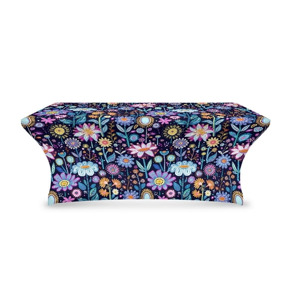 Xoenoiee Spandex Table Cover Protector Fits 6 Foot Rectangle Table Kitchen Tablecloth Picnic Table Cloth Washable Polyester Wedding Tablecloth for Indoor Outdoor Decor, Hippie Flower Blue Purple