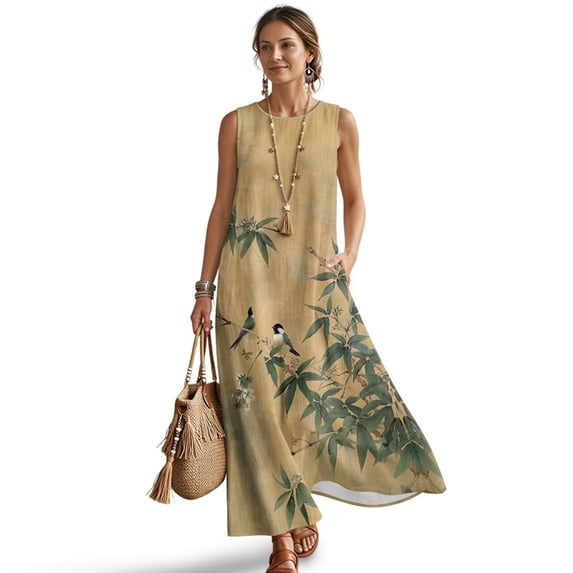 Xoenoiee Sparrow Flower Leaf Print Women Summer Casual Sleeveless Maxi Dress 2026 Cotton Linen Crewneck Loose Wrinkle-Free Beach Travel Vacation Long Sundress Plus Size, 2XL