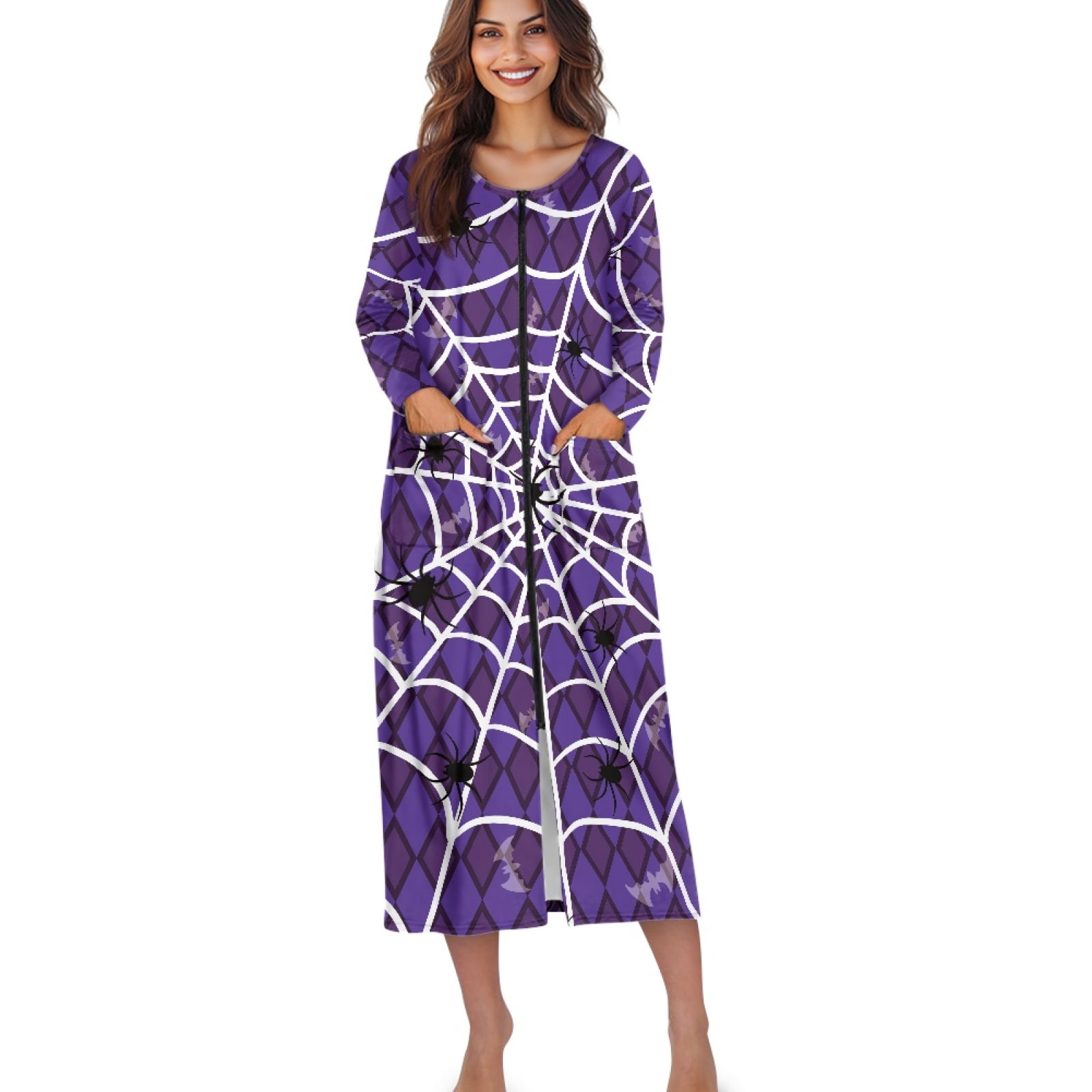 Xoenoiee Spider Web Print Robe for Women Zipper Robe Halloween Long ...