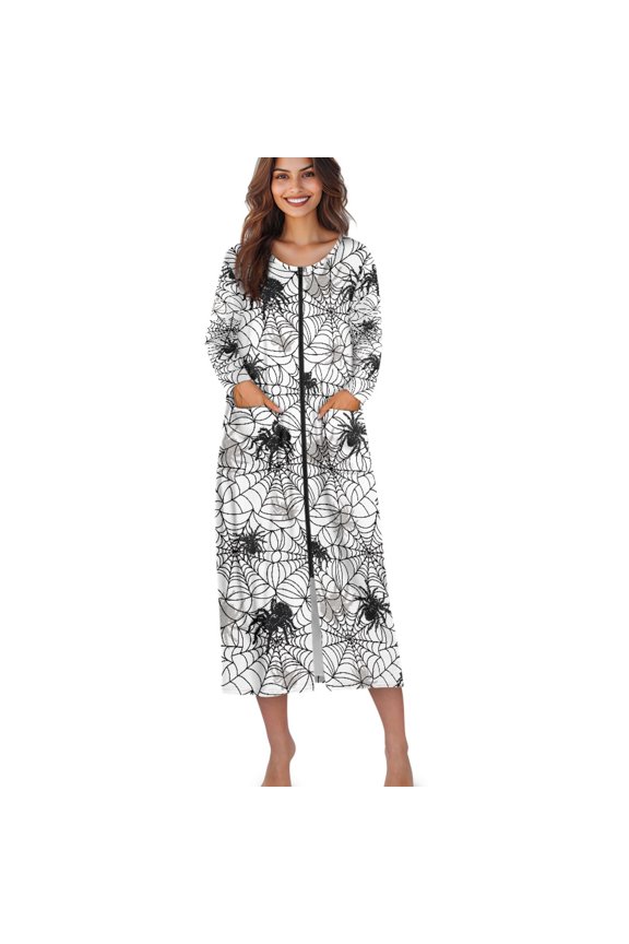 Spider Web Print Zipper Robes for Women Halloween Long Sleeves Lightweight House Coat Zip Up Bathrobe Soft Nightgown with Pockets, 4XL