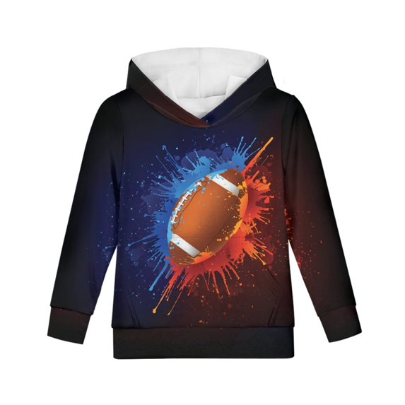 Xoenoiee Splatter Watercolor Football Pattern Kids Hoodies Hooded Sweatshirt Long Sleeve Pullover Tops with Front Kangaroo Pocket Fall Winter Sportwear for Travel Walk Party, XL