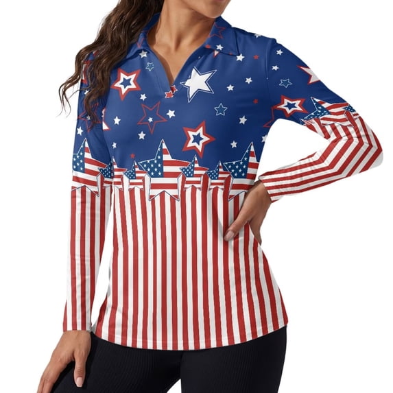 Xoenoiee Star American Flag Print Golf Shirts for Woman 4th of July Quick Dry Polo Shirts Long Sleeve Lightweight Tennis Pickleball Shirt V-Neck Golf Clothes Dressy Business Casual Tops Blouses, XS