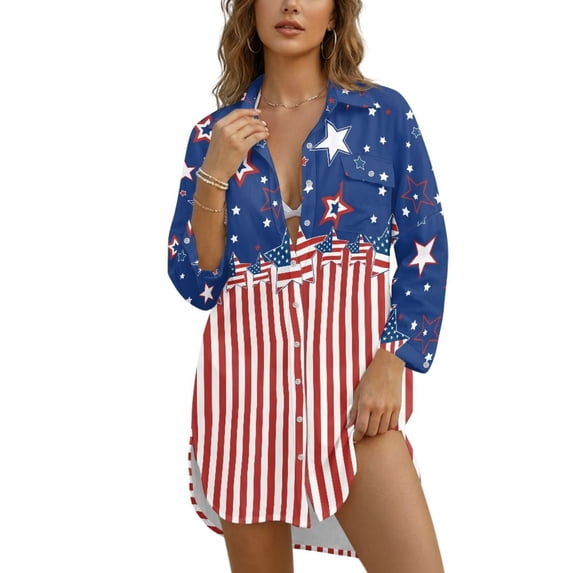 Xoenoiee Star American Flag Print Swimsuit Coverup for Women Lapel Collar Bathing Suit Cover Up for Swimwear Button Down Beach Shirt Dresses for Ladies, M