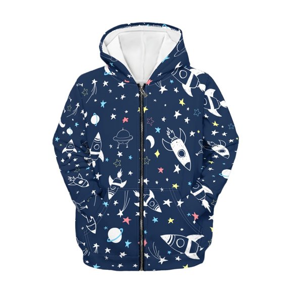 Xoenoiee Star Rocket Spaceship Print Casual Hooded Jacket for Teen Girls Boys Zip Up Hoodie Long Sleeve Sweatshirt with Pocket Kids Youth Fall Outerwear Outfits for 8-10 Years Kids