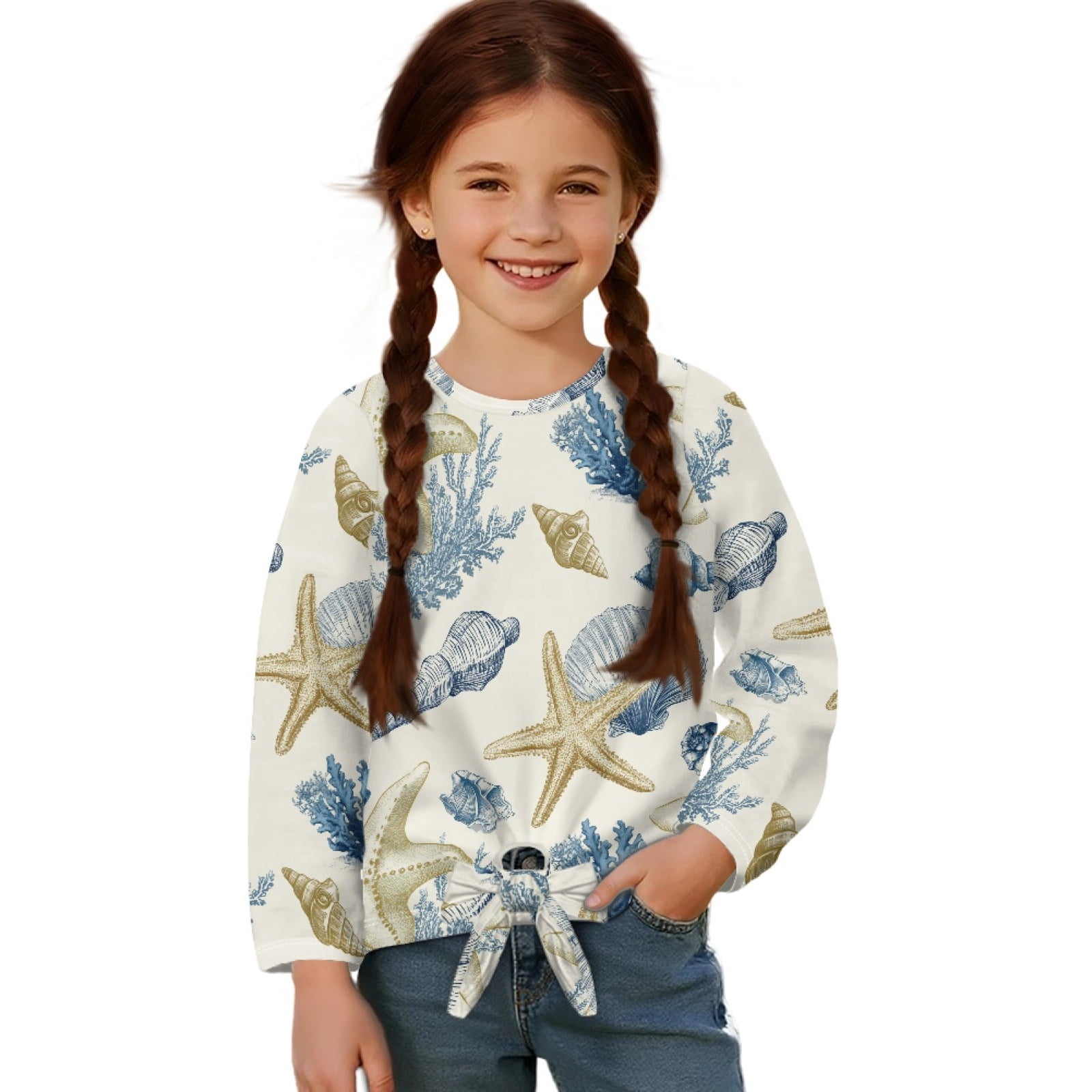 T-shirt Manches Longues Fille 5-12 Ans - Coupe Ample, Col Rond, Ourlet Noué, Tissu Extensible Respirant - 9