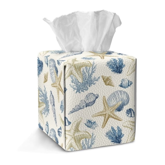 Xoenoiee Starfish Conch Coral Print Tissue Box Holder Cover Square Tissue Cube Cover PU Leather Tissues Organizer for Bathroom, Tabletop, Kitchen, Night Stands, Office, Home, Car