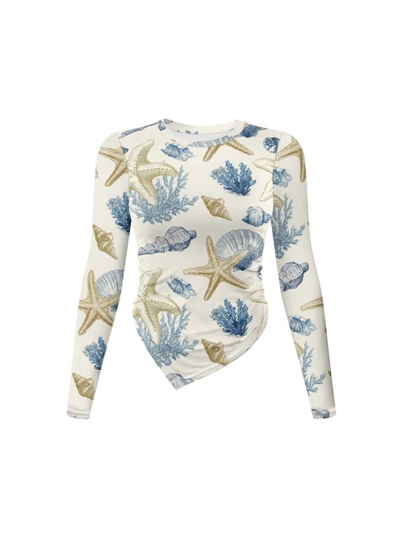Starfish Conch Coral Print Womens Crewneck Long Sleeve Shirt Basic Tees Ruched Going Out Tops Y2K Tight Shirts Irregular Hem Blouses, M