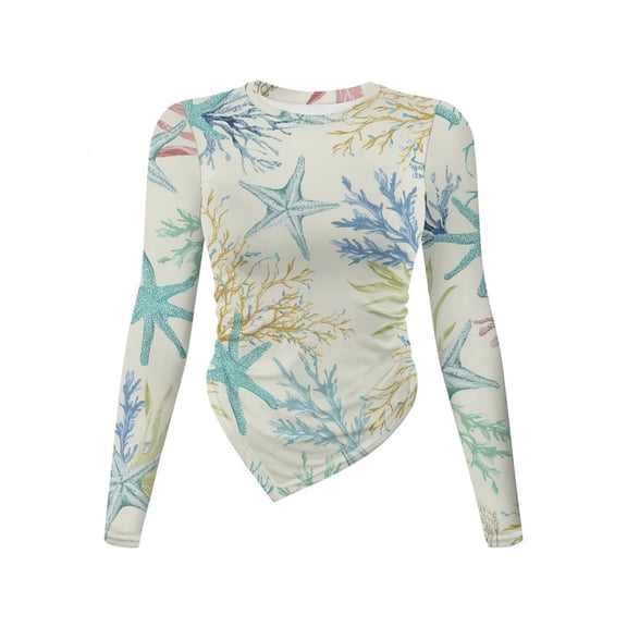Xoenoiee Starfish Coral Print Womens Long Sleeve Shirts Casual Round Neck Asymmetrical Slim Fit Crop Tops Stretchy Y2K Going Out Fall Clothes, Size S