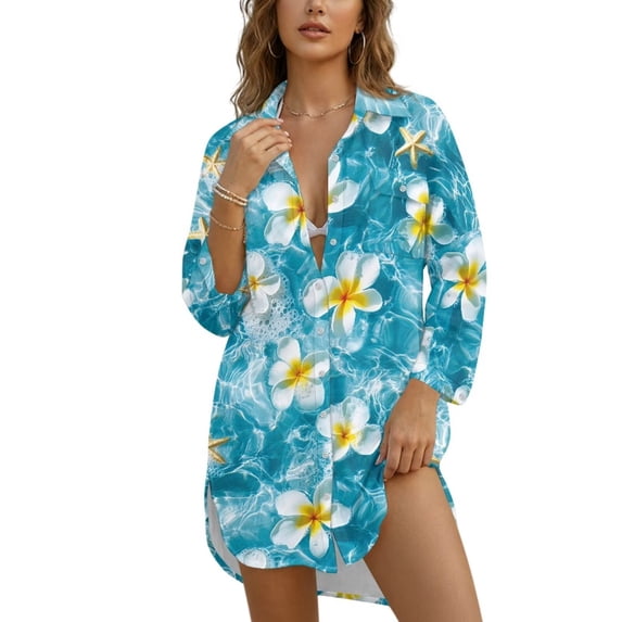 Xoenoiee Starfish Plumeria Flower Print Button Down Swimsuit Coverup for Women Long Sleeve Bathing Suit Cover Up Oversized Shirt Lapel Collar Blouse Summer Top, L
